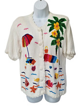 Victoria Harbour Vintage Sweater M Button Up Chenille Embroidery Beads Tropical