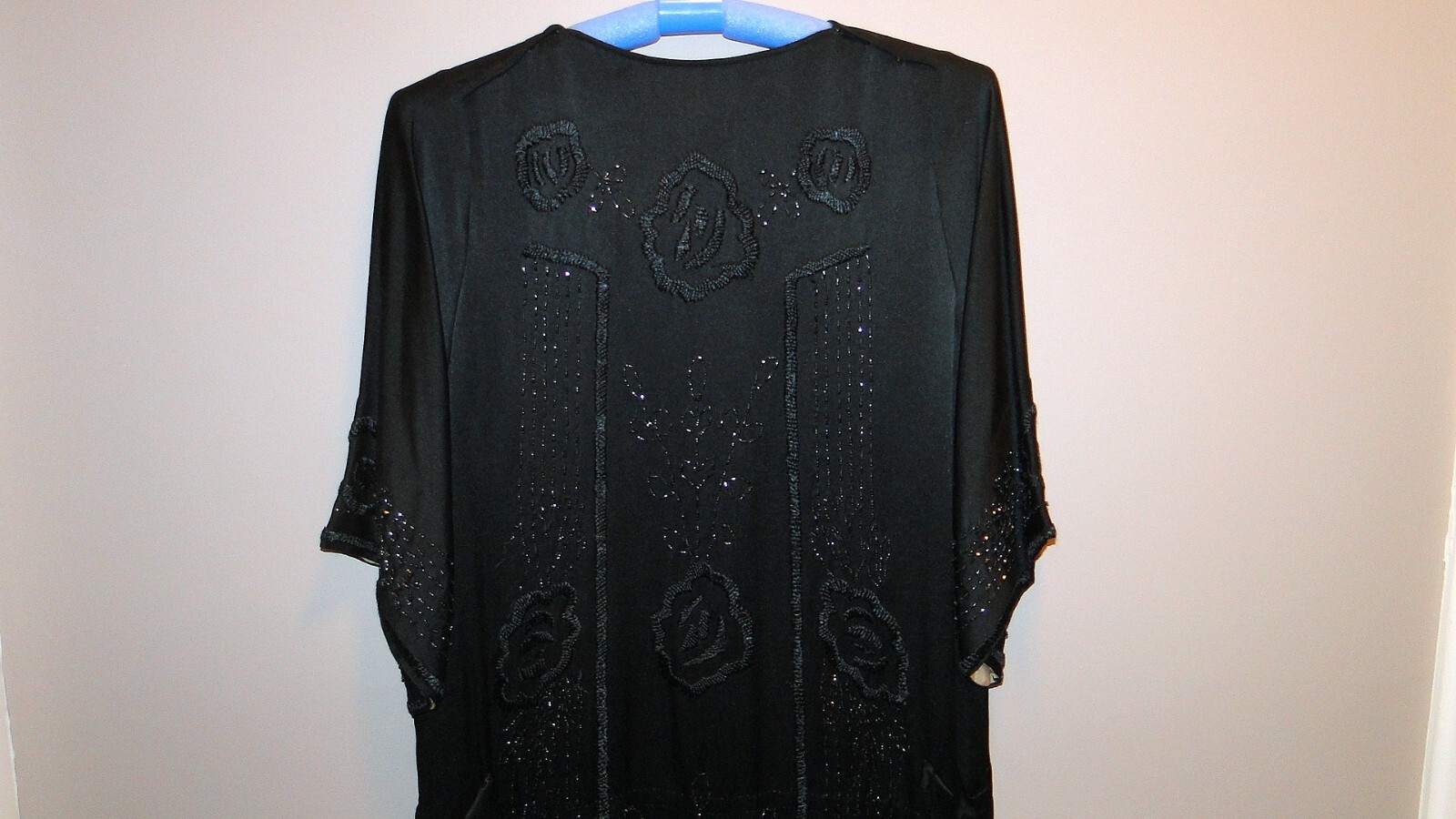 Vintage Edwardian Deco Flapper Dress Black Beaded w Black Embroidery
