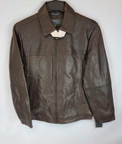 NWT Perry Ellis Portfolio Genuine Lambskin Leather Bomber Jacket Brown Mens S