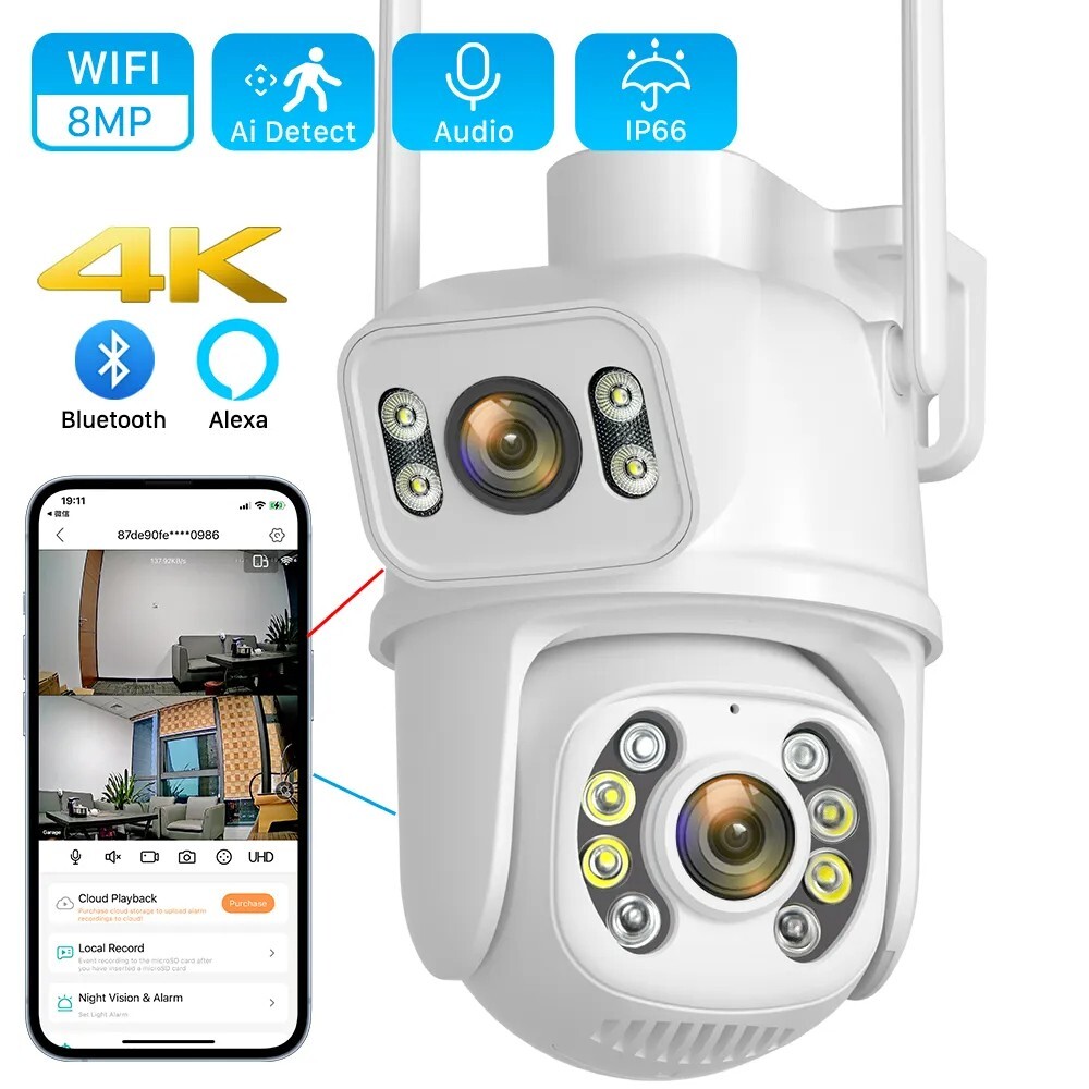 Icsee Wifi Camera With Smartphone App 8MP 4K Dual-Lens Screen