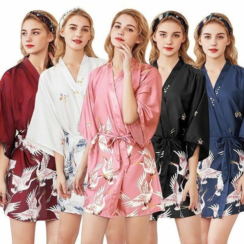Japanese Women Faux Satin Silk Bath Robe Nightwear Sleepwear Kimono Pajamas - Picture 3 of 21