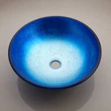 RE Round Blue Bathroom Vessel Sink Basin Tempered Glass Bowl Deck Mounted