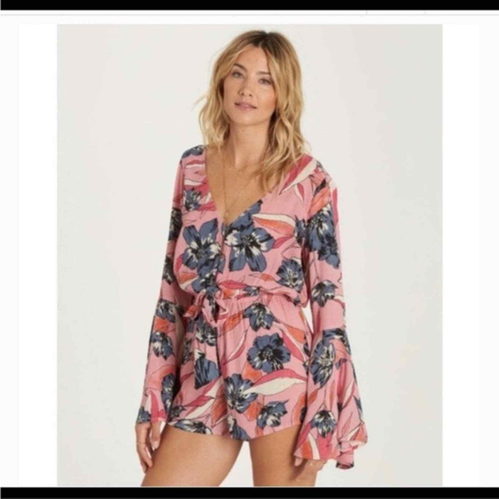 Billabong Boho Pink Floral Bell Long Sleeve Romper - image 1