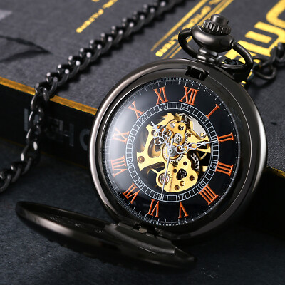 Mens Vintage Pocket Watch Mechanical Roman Numerals Chain