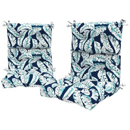 Set of 2 Outdoor High Back Chair Cushions 44"x 22",Water Baltic Palms White - Picture 2 of 7