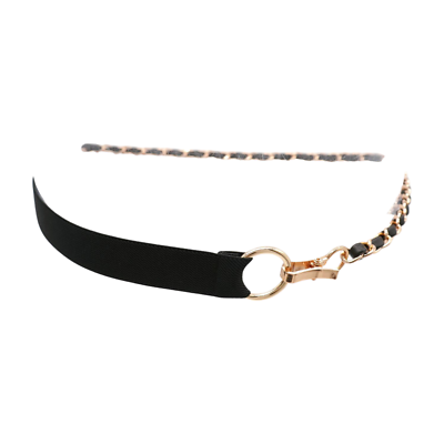 Women Black Elastic Band Narrow Strap Belt Gold Metal Chain  display picture 1