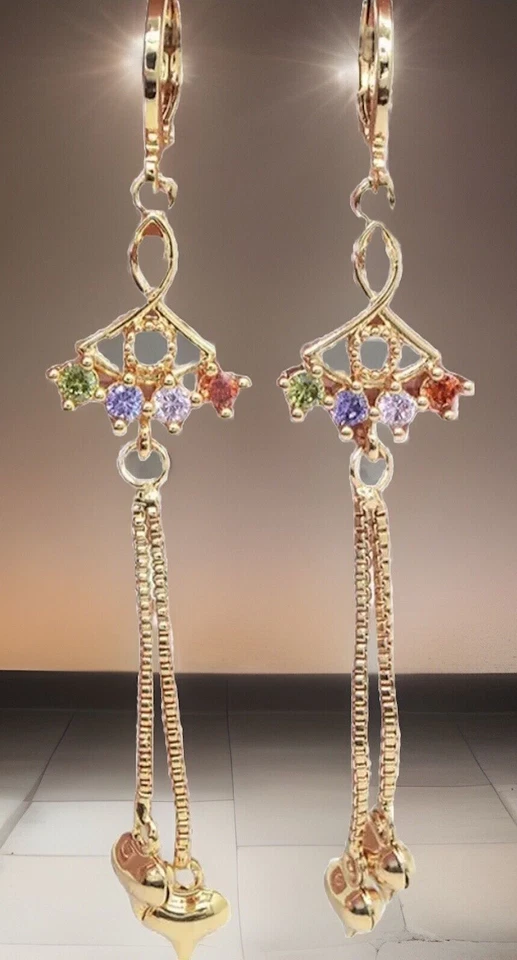 Висячие серьги-капли с радужным топазом и золотыми пухлыми сердечками и кисточками 14 карат GF - Изображение 2 из 4