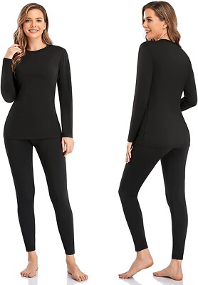Damen Thermo Unterwäsche Set Weich Rundhals Langarm Base Layer Schwarz S T10