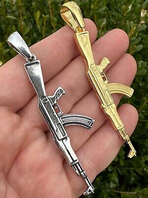 Men Gold Plated Iced Out Ak-47 Machine Gun Pendant 26 inch figaro chai –  Fran & Co. Jewelry Inc.