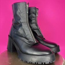 Zara Black Leather Front Zip Up Chunky Platform Heeled Boot Sz 39