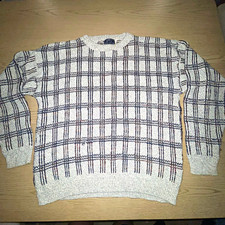 VTG 90s Peconic Bay Traders Plaid Sweater Large Cotton Knit Made In USA Grandpa