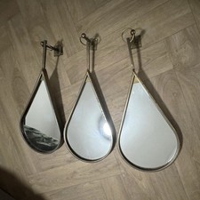 Teardrop Wall Mirror Set of 3, Antique Gold Metal Frame, Hanging Strap, Vertical