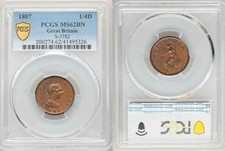 1807 Copper Coin From Great Britain Farthing King George III Laureate Bust MS62