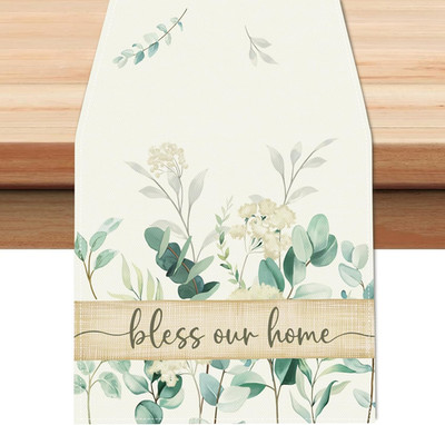 Eucalyptus Leaves Table Runner 13X72 Inch Green Plants White Flowers Spring Summ