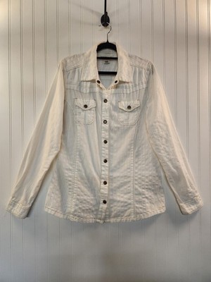 Ruff Hewn Women's White Crochet Sheer Snap Button-Up Shirt Size L Casual Rugged 