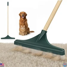 Lasnten 18" Carpet Rake - Pet Hair Remover with 51" Wooden Handle for Rugs &