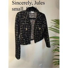 Sincerely Jules Black Tweed Jacket Ivory Windowpane Cropped Blazer Gold Button S