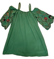 VaVa By Joy Han Sexy Boho Off Shoulder Dress Green Embroidered Sleeves
