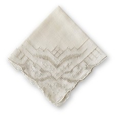 Antique Midcentury Off White Linen Floral Scalloped Embroidered Handkerchief