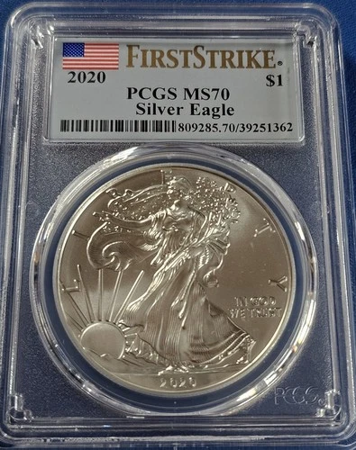 A 2020 SILVER EAGLE PCGS MS70, FIRST STRIKE, FLAG