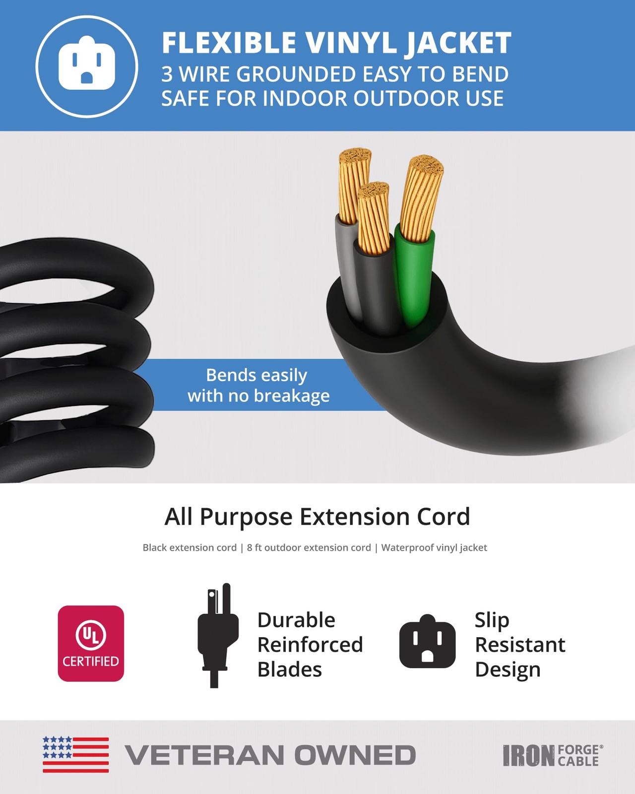 Iron Forge Cable 2 Pack 8 Ft Black Extension Cord, 16/3, 8 Foot Extension Cord,
