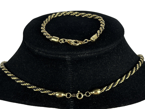 Trifari Married Set Blk Enamel Gold Rope Necklace 22" Bracelet 7.5" Clip Earring - Picture 2 of 8