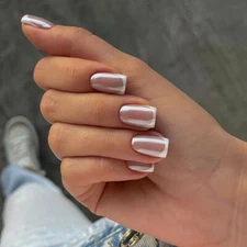 White French Press on Nails Medium Square Fake Nails, Shiny 06..French white