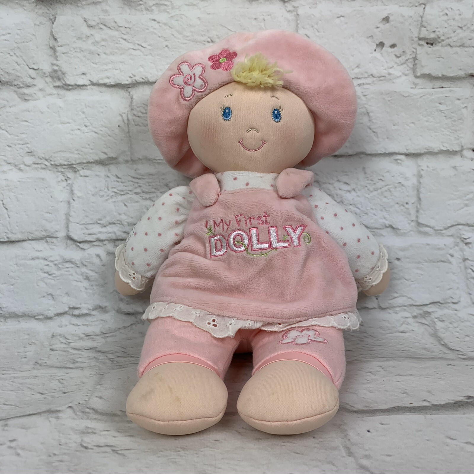 Baby Gund 12" My First Dolly Blonde Hair Baby Doll Pink Polka Dots Flowers Lovey