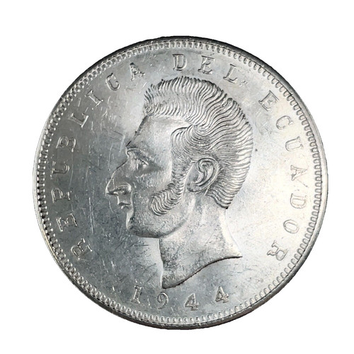 1944 Ecuador 5 Sucres Mexico City Mint, Uncirculated Silver Coin #3 KM#79
