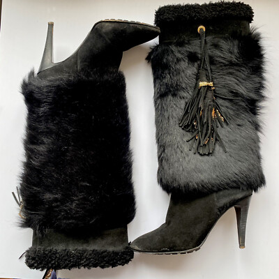 Bally women s Shoes boots Heels suede Fur  Fox Italy 37.5 / 7 Black