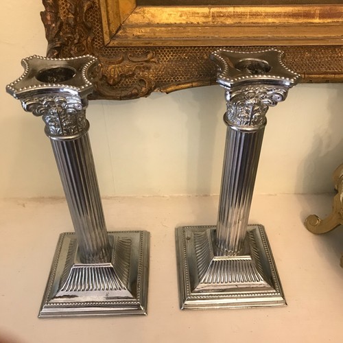 Antique Pair candlesticks Corinthian Column Chrome 1930s Candle holders