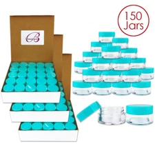 Beauticom® 5G/5ML (150 PCS) HQ Round Clear Plastic Refillable Jars w/Teal Lids 