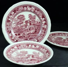 Spode Tower Pink Old Backstamp Group of 2 Bread & Butter Plates and 1 Fruit Bowl