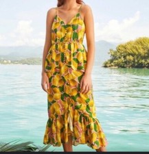 NWT Farm Rio Fresh Lemons Ruffled Midi Spaghetti Strap Lined Dress Women's S