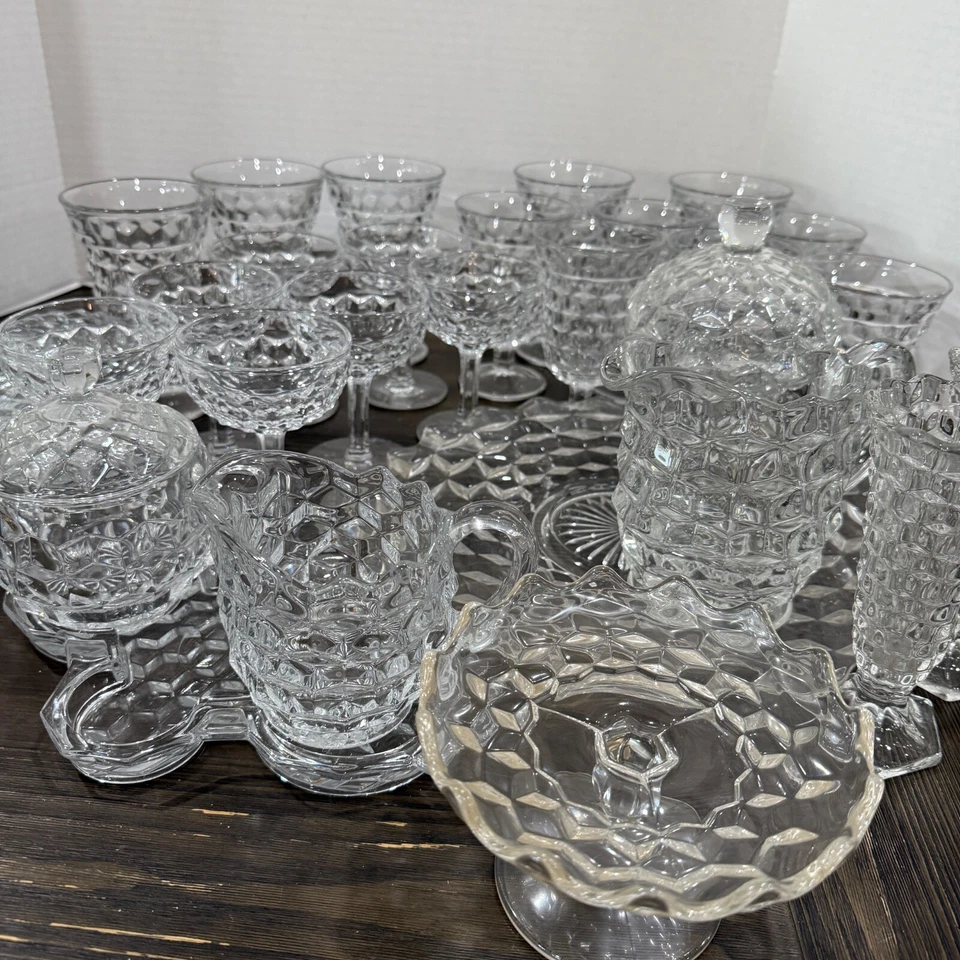 Juego de cristalería con patas American Fostoria vintage plato, jarra de azúcar/crema aprox. Foto 2 de 4