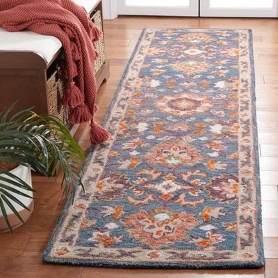 Aspen Collection Runner Rug - 2'3'' x 9', Blue & Rust, Handmade Boho Wool, Ide...