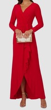 Adrianna Papell Women's Red Surplice-Neck Long-Sleeve Ruffle Gown Dress Size 2