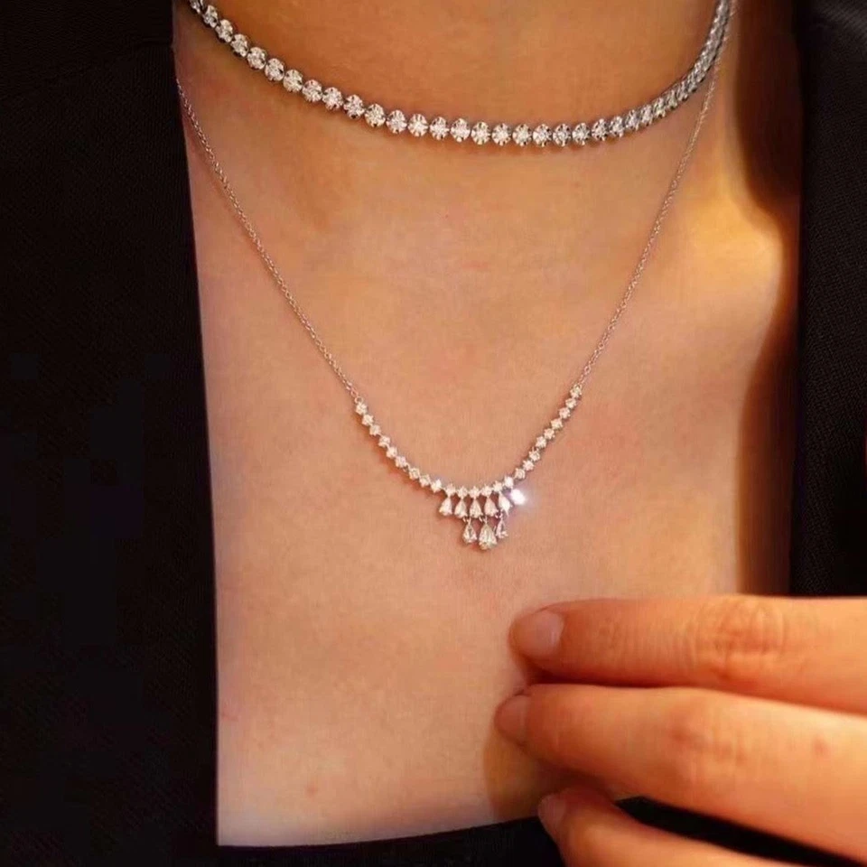 Ожерелье с бахромой из капли дождя круглой и грушевидной огранки покрытие белым золотом 14 карат 3 карата - Изображение 2 из 3