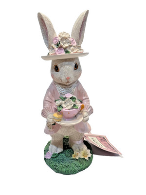 Begonia Market Pink Dapper Easter Bunny w/ Teacup 9'' Spring Tabletop Decor NEW!