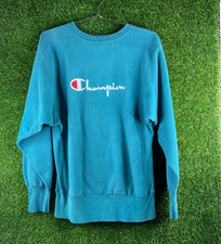 VTG Champion Reverse Weave Sweatshirt L spellout Teal Crewneck Made USA 90s
