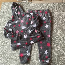 Kate Morgan Star Fleece Pyjamas Set Large Grey Pink Hooded Loungewear PJs