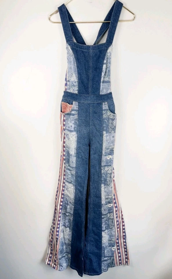 Mono Free People Dallas Estilo Vintage 12 Denim Llamaradas Estrellas Rayas Patchwor Foto 2 de 3