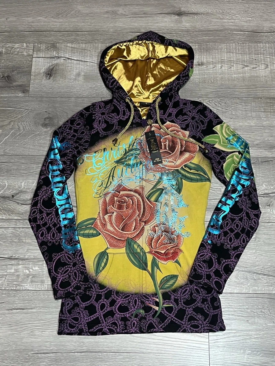 な*;様 値下げ中　クリスチャンオードジェー　 花柄×ダイヤモンド パーカー S Christian Audigier Purple Hoodies & Sweatshirts for Women for sale