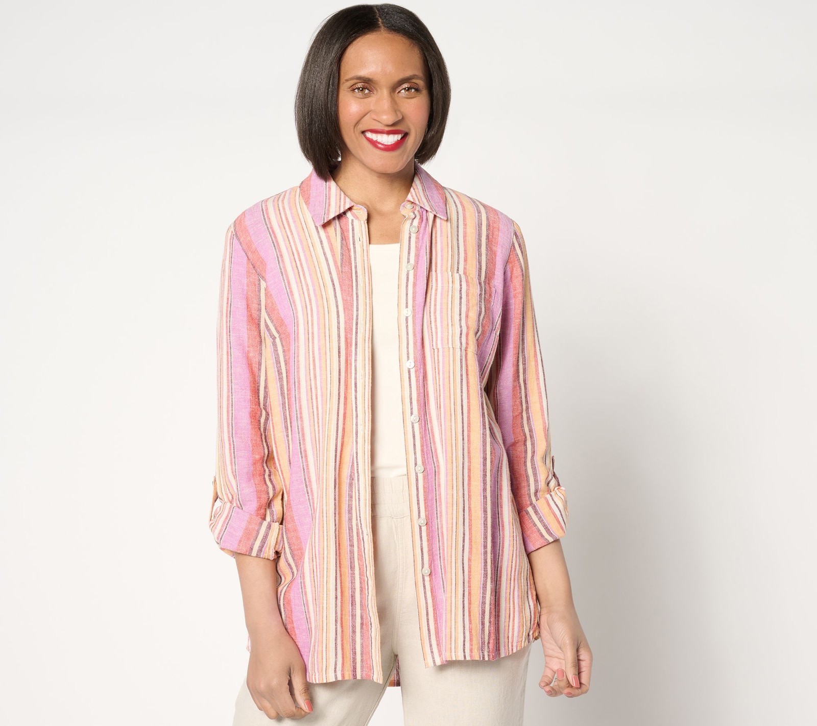Denim & Co. Women's Top Sz M Naturals Linen Blend Regular Multi-colored A643833