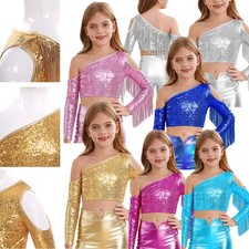 Kids Girls Crop Top Latin Vest Cheerleading Shirt Tassels Uniform Sequins Jazz