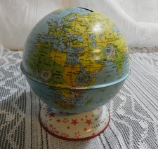 Vintage J Chein Tin World Globe Coin Bank Makers Stamp Made in USA 4" High