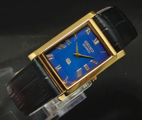 Vintage Seiko Slim Tank Blue Dial Quartz New Battery Men's Wrist Watch