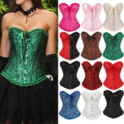 Women S-6XL Boned Corset Burlesque Basque Top Lace-Up Costume Waist Cincher Tops