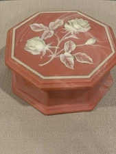Design Gifts Inc 1974 Pink Octagon Soapstone Powder Dresser Trinket Box