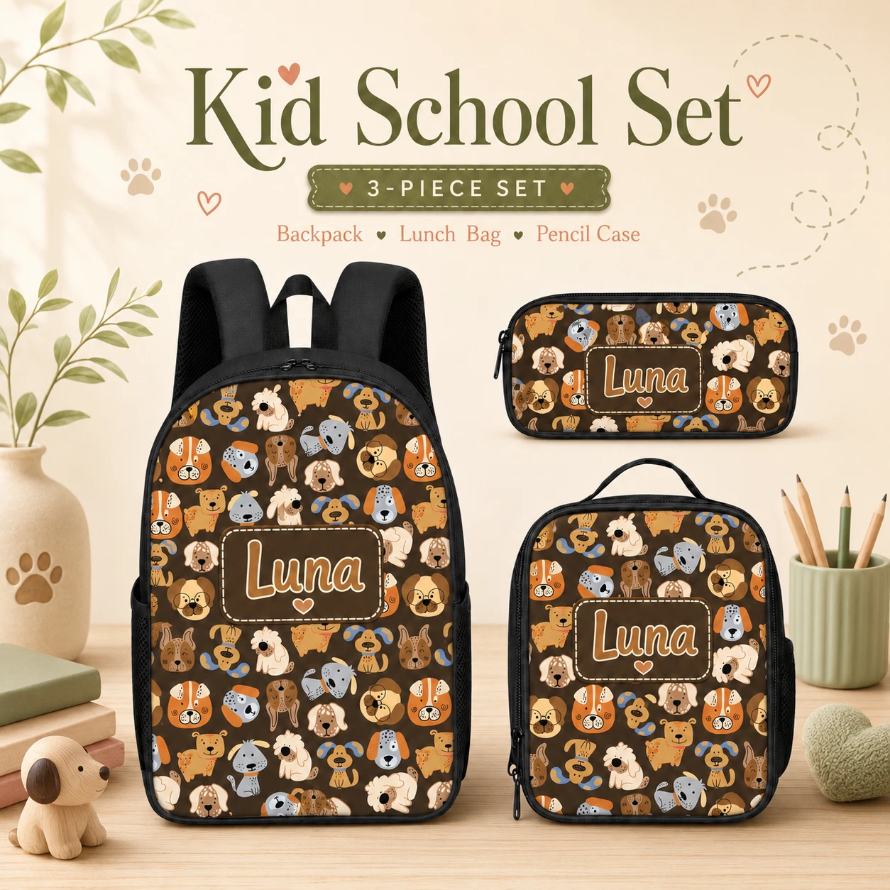 Personalized Dog Backpack Set Lunch Bag Pencil Case Kids School 3 Piece